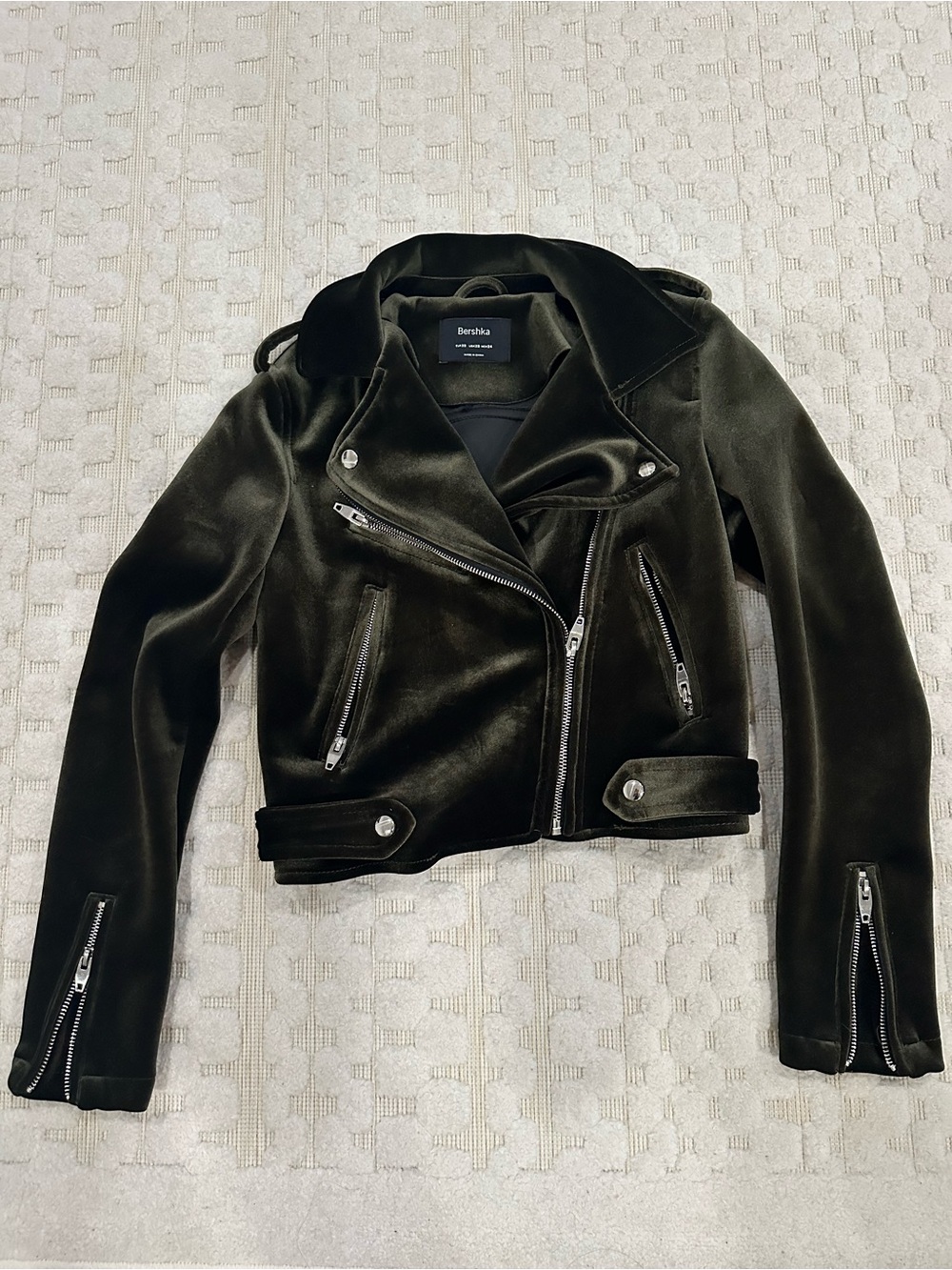 Worn 1x - Cropped Velvet Biker Jacket - Olive